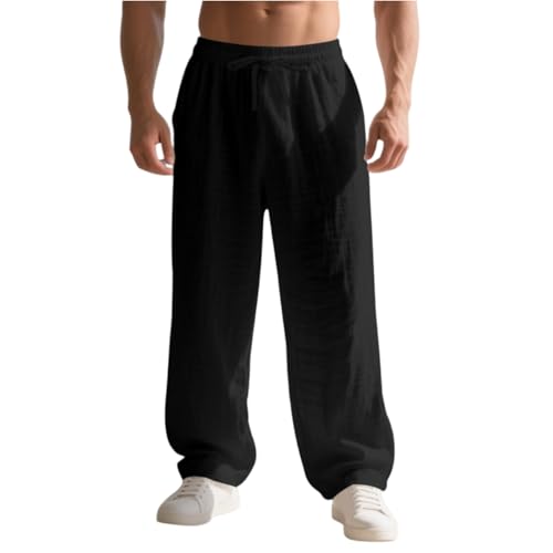 Linen Pants for Men Fashion Straight Leg Elastic Waist Casual Pants Relaxed Fit Breathable Trouser Pant with Pockets
