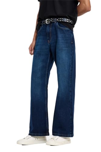 Image of SNITCH Men Flared Fit Jeans | Mid Rise Stone-Washed Denim with Raw Frayed Hem & 5-Pocket Design | 100% Cotton Woven Fabric for Casual & Everyday Wear