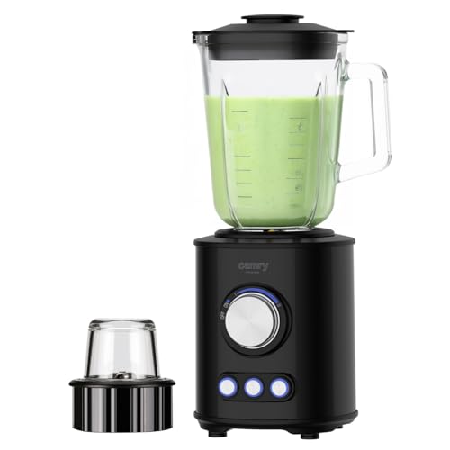 Camry Batidora de vaso con 3 programas CR 4088, 2 velocidades, vaso de Vidrio 1,5L, cuchilla de acero inoxidable con 6 hojas recubiertas de titanio, picadora, libre BPA y triturador de Hielo, Negro