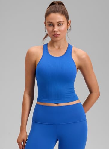 Image of CRZ YOGA Seamless Rib Racerback Crop Tank | Light Support, Removable Pads, Yoga, Ribbed, Racerback, Longline Sports Bras for Women