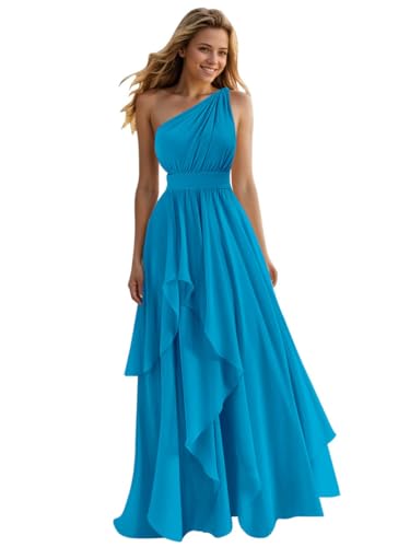 One Shoulder Bridesmaid Dresses for Women Ruffles A-Line Chiffon Ruched Formal Gown with Pockets