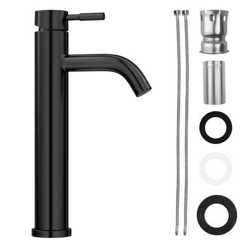 Ravytha Robinet Salle Bain Monocommande avec Deux 60cm Tuyaux, Mitigeur Lavabo Hauteur Sous Bec 190mm, Robinet Lavabo Contrôle de l'Eau Chaude et Froide pour Salle de Bain, Cuisine, Toilette(Noir)