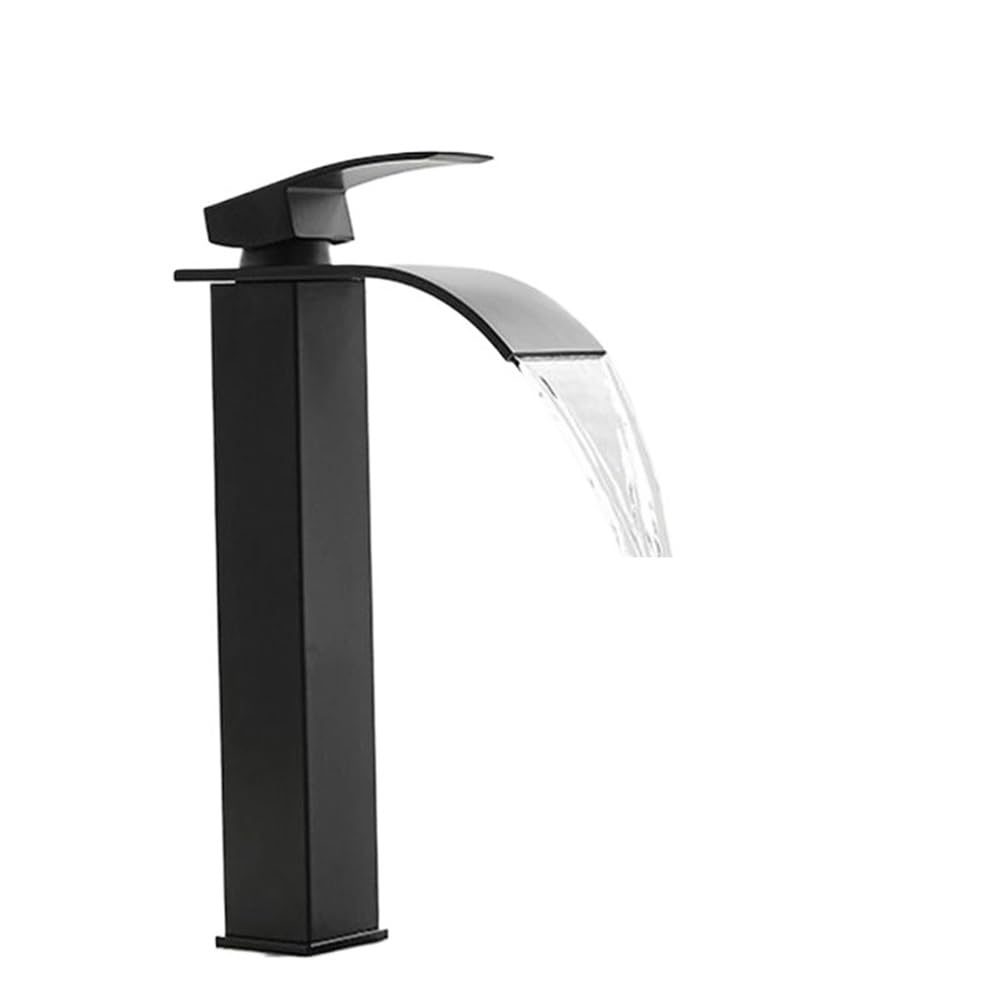 Grifo de lavabo monomando con diseño de cascada elevada y acabado negro pintura