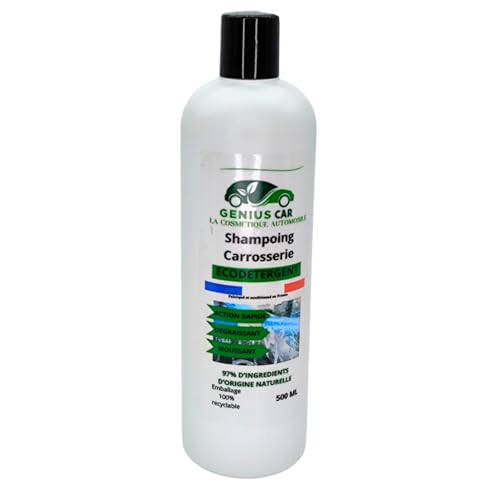 GENIUS CAR Shampooing Carrosserie Bio & Ecologique à diluer, 500 ML, sans Conservateur. sans Allergène, sans Colorant, sans COV. Non testé sur Animaux. Emballage 100% Recyclable. Fabrique en France