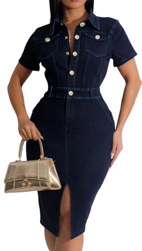 Denim Dress for Women Bodycon Sexy Short Sleeve Jean Split Workwear Dresses with Zipper Club Party Night