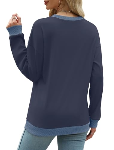 Image of Saloogoe Sweatshirts for Women Crewneck Long Sleeve Loose Fit Tops Color Block Ribbed Trim Fashion 2025