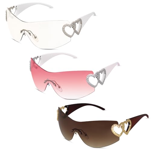 Image of JTYKUYR 3 Pairs Y2K Wrap Around Rimless Sunglasses Trendy Shield Silver Heart 2000S Fashion Frameless Sun Glasses for Women