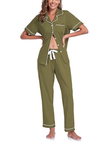 Image of COLORFULLEAF Women's 100% Cotton Pajamas Set Button Down Sleepwear Short Sleeve Shirt and Long Pants Soft Ladies Lounge Sets