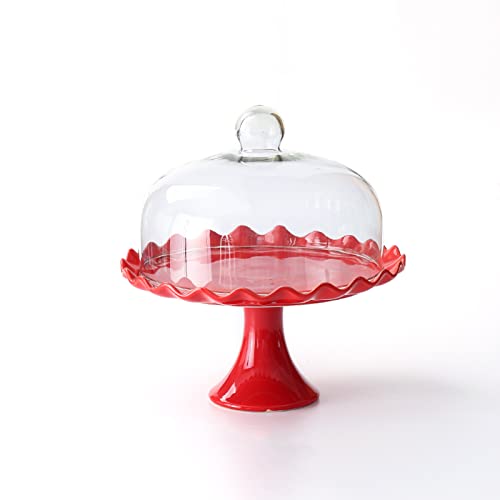 Red Ceramic Cake Stand with Glass Dome and Sturdy...