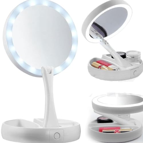 Espelho de Maquiagem LED Dobrável com Base Organizadora – Dupla Face, Aumento 10x, Iluminação Integrada, Portátil para Viagem e Bancada – Branco