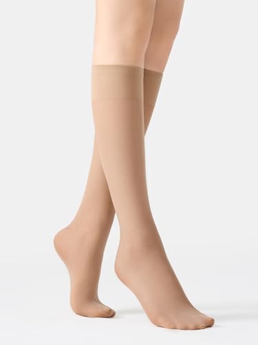 Image of leg elegant Sheer Knee High Stockings for Women, 6 Pairs Knee High Transparent Toes Nylons Pantyhose for Women