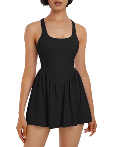 Lingswallow Tennis Dresses for Women with Built in Shorts and Bra Pockets Workout Dress Golf Athletic Dress Black