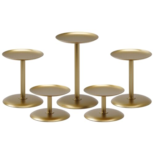 Image of Homemory Christmas Fall Candle Holders for Pillar Candles Set of 5, Decorative Metal Candle Stands Pillar Holder Decor (Gold)