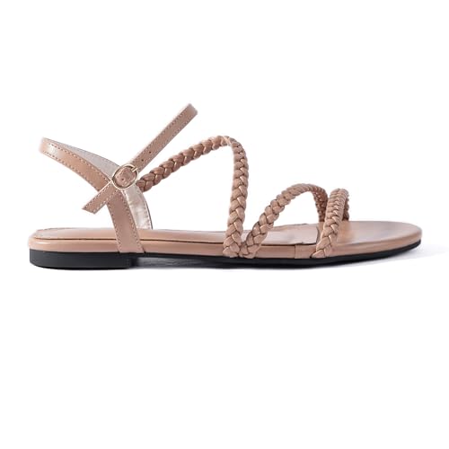 Image of Mtzyoa Women Flat Sandals Dressy Strappy Gladiator Summer Ankle Strap Nude Open Toe Comfortable Wedding Casual Leather Ladies Party Trendy Vacation