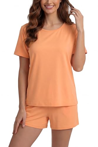Image of LUBOT Pajamas for Women Set Bamboo Viscose with Cotton Cooling Soft 2 Piece PJ Sets Short Sleeve Nightwear S-2XL