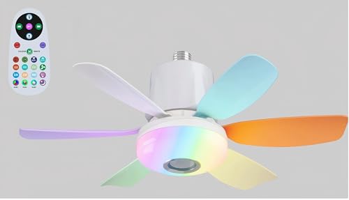 Roadtime 47cm RGB Ventilador de techo con luz, 32W base E27 Ventilador de techo con luz regulable con 3 velocidades, 6 aspas y mando a distancia Admite colores RGB, reproductor de música (Multicolor)