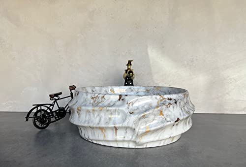 Image of Designer Glossy Finish Ceramic Art Table Top Wash Basin For Bathroom | Collapsible Countertop Washbasin (Black White Glossy Art, 16 x 13 x 6 Inch)