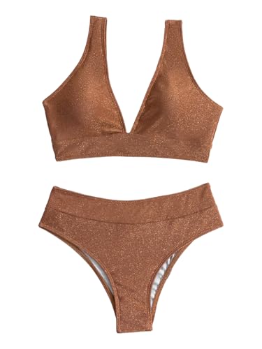 SweatyRocks Women's Solid V Neck High Waist Bikini Set Summer Sparkly Two Piece Bathing Suit