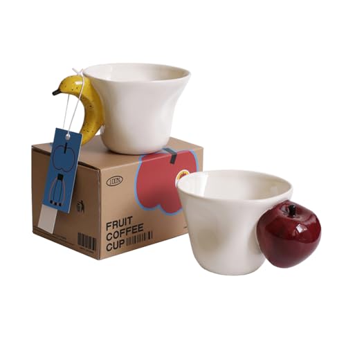 手作り 陶器マグカップ フルーツハンドル付き コーヒーカップ ティーカップ かわいい セラミックカップ りんご バナナ ぶどう モチーフ ギフト プレゼント 誕生日 結婚祝い おしゃれ インテリア 耐熱 毎日使い ユニークデザイン 癒し系 (アップル)