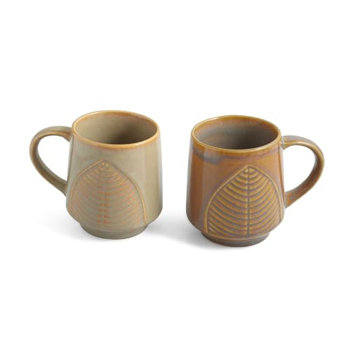Image of ExclusiveLane 'Leaf & Lines' Ceramic Coffee Mugs Set of 2 (300 ml, in Gift Box, Microwave and Dishwasher Safe, Hand-Embossed) | Ceramic Coffee Mug Coffee Cup Tea Mugs Set Tea Cups Ceramic Mugs