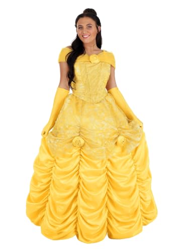 Fun Costumes Disney Women's Belle Costume Dress - Beauty and The Beast Premium, Yellow Ball Gown with Gloves for Halloween Cosplay, Large, Yellow