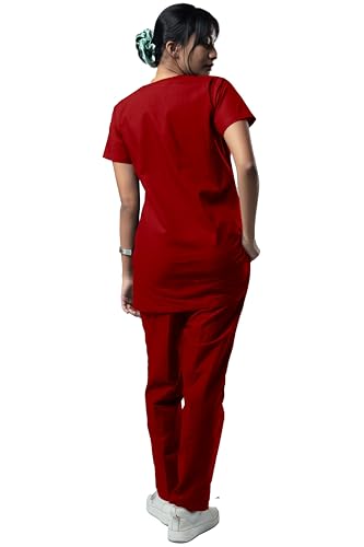 Image of UNIFORM CRAFT Women's 4 Pocket Scrub Suit Set | Medical Uniform | Cross V-Neck Poly Cotton | Short Sleeve Hospital Wear | Ideal for Doctors & Nurses (Crimson Red, S)