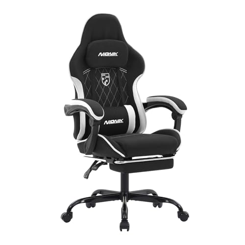 Gaming Stuhl, Racing Gaming Chair mit Fußstütze Ergonomischer Gaming-Stuhl Kopfstütze Verstellbarer Computerstuhl Höhenverstellbar Lendenwirbelstütze für Homeoffice und Gaming Blackwhite