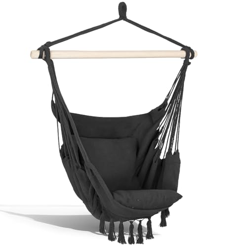 Springos Sillón colgante brasileño con cojín de 150 kg, mecedora boho de algodón/poliéster, color gris oscuro, bolsillo lateral, ideal para jardín, terraza y hogar