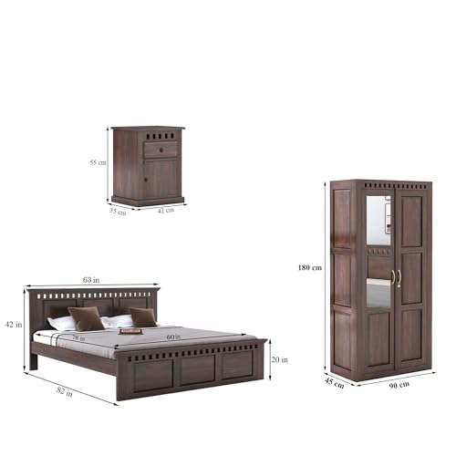Image of SONA ART & CRAFTS Kuber Solid Sheesham Wood Bed Queen Size (78x60) Bedroom Set | Queen Size Bed Without Storage Wardrobe & Two Bedside Tables - Walnut Finish (Assembly Included)