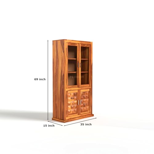 Image of Solid Sheesham Wood Book Shelf with Acrylic Glass Doors and Storage Cabinet | Rosewood Display Unit with 4 Doors for Living Room & Office (Natural Finish)