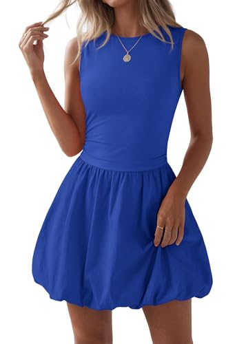 Image of KIRUNDO Summer Dresses for Women 2026 Cute Mini Sleeveless Bubble Dress | Stretchy Ruched Front Cinched Waist, Woven Balloon Skirt, Crewneck Tank Sundress With Pockets, Casual Party Vacation Outfits