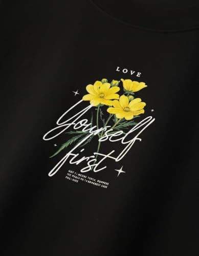 Image of Oversized Cotton T-Shirt for Women Half Sleeve - Love Yourself First Printed Tee - Breathable Loose Fit Motivational Casual Wear for College and Daily Outfits