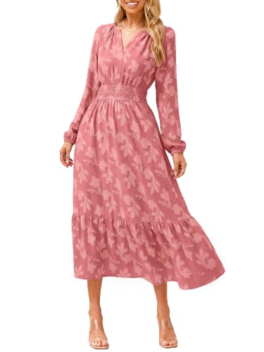 Simplee Women's Boho Floral Long Sleeve Maxi Dress Fall V Neck Empire Waist Swing Flowy Wedding Guest Dress Rust Pink L
