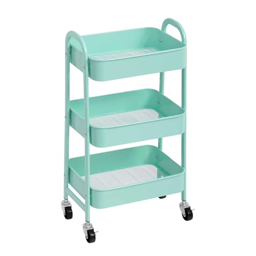 AGTEK Makeup Cart, Movable Rolling Organizer Cart, Macaron Blue 3 Tier Metal Utility Cart