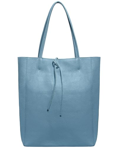 Image of Genuine Italian Leather Tote Bag for Women, Large Slouchy Purse, Denim | Unstructured bag, raw unlined interior with zip pocket, top zipper, side ties, folds flat, fits a 16-inch laptop, lightweight