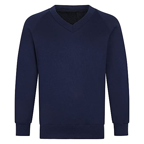 Bratatatmania Boys Girls School Uniform Jumper - Unisex Kids V Neck Sweatshirt School Wear Shirts Long Sleeve Fleece Jumper Classic Uniform - Age 13-14 Years, Navy