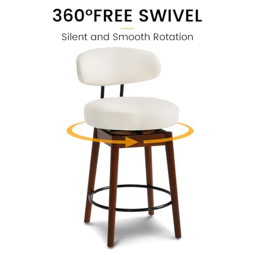Image of COCO DESIGN White Bar Height Bar Stools Set of 2, 30 inch Swivel Chairs | Upholstered Faux Leather, Solid Wood Legs, Modern Mid Century Chairs for Kitchen Island