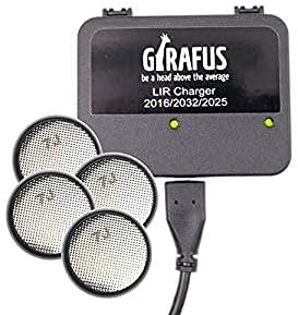 Girafus USB COIN CELL BATTERY CHARGER for LIR 2032/2016/2025 with 4X LIR2032 3.7V Rechargeable Batteries INCLUDED - Replaces CR2032