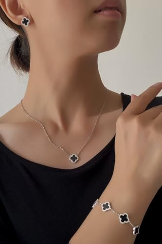 Four Leaf Clover Earrings 925 Sterling Silver for Women,Stud Earrings Jewelry with Black Onyx and Mother of Pearl,Elegant Gift for Her2