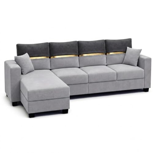 Image of Furny Arvea 8 Seater Fabric LHS L Shape Sofa Set with 1 Centre Table & 2 Puffy (Light Grey-Dark Grey) | Soft Velvet Fabric | Modern Design | Comfortable Seating | Living Room Furniture