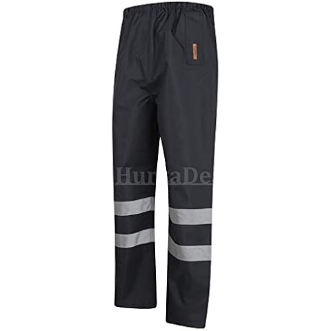 HuntaDeal Hi Vis Viz Waterproof Trousers 2 Band PU Overtrouser High Visibility Safety Work Wear Reflective Tape Stripe Elasticated Bottoms Workwear Pants Coverall Overalls Plus Big Size (Large, Navy) Cover