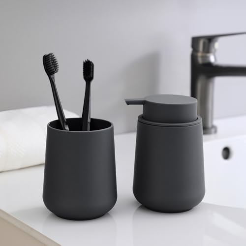 Image of YAUKPH Matte Gray Liquid Hand Soap Dispenser Plastic 11 oz - Modern Minimalist Style for Bathroom & Kitchen Countertop Refillable