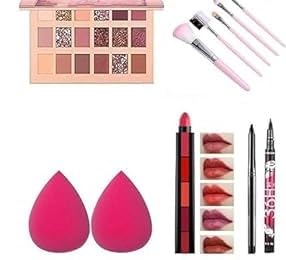 Professional Multicolor Nude Eyeshadow Pallette Makeup Kit Set with 5 Pink Makeup Brushes Set, 1 Matte Finish Shades 5 in 1 Lipstick, 36H Eyeliner, Kajal and 2 Beauty blander-(Pack of 11)-image-29
