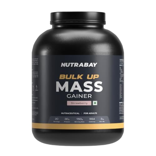 Image of Nutrabay Gold Bulk Up Mass Gainer Powder - 3kg, Strawberry | 30g Protein, 104g Carbs, 554 Calories | Easy to Digest | 100% Veg Muscle Building & Weight Gainer Supplement for Men & Women