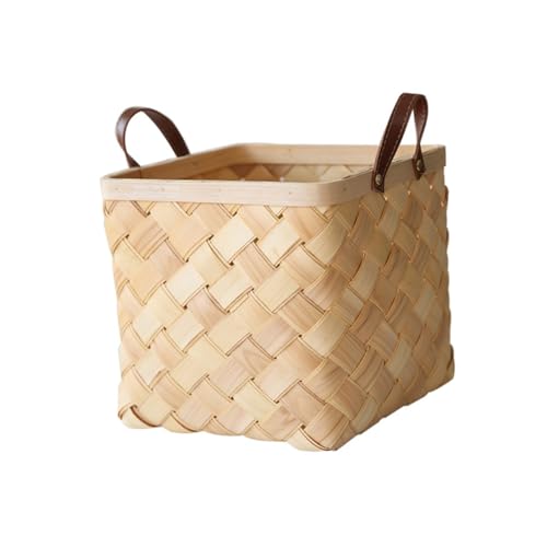 BESTYASH 1Pieza Cesta De Almacenamiento De Madera Tejida Doble Con Mango De Cuero Para Ropa Sucia y Organización Cesta Decorativa De Jardín
