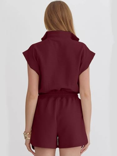 Image of Rompers for Women Summer Short Sleeve Half Zip Lapel Collar Jumpsuit Casual Drawstring One Piece Outfits with Pockets