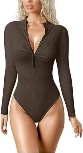 Nearflying Entaura - Body de manga larga con cremallera, cuello alto falso, con cremallera, marrón, S