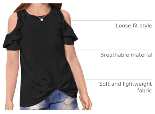 Image of BesserBay Girls Cold Shoulder Tops Twist Front Tunic Ruffle Sleeve Summer Blouses 5-14 Years