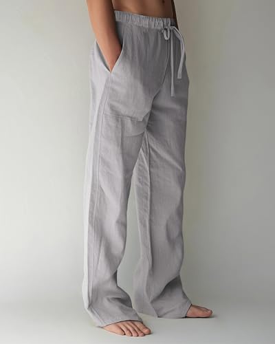 Image of PIDOGYM Mens Cotton Linen Pants, Summer Beach Pants Casual Loose Fit with Elastic Waist Drawstring