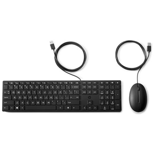 HP 320MK Wired Keyboard and Mouse Set, QWERTY, Ambidextrous, 101 Keyboard, Electric with Cable, Black